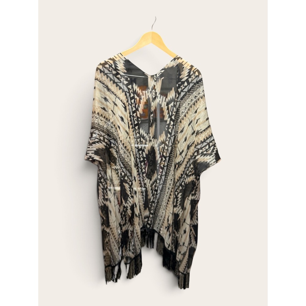 Cruise Club Womens Aztec Print Fringe Kimono Sheer Wrap Cover Up Black Tan OS
